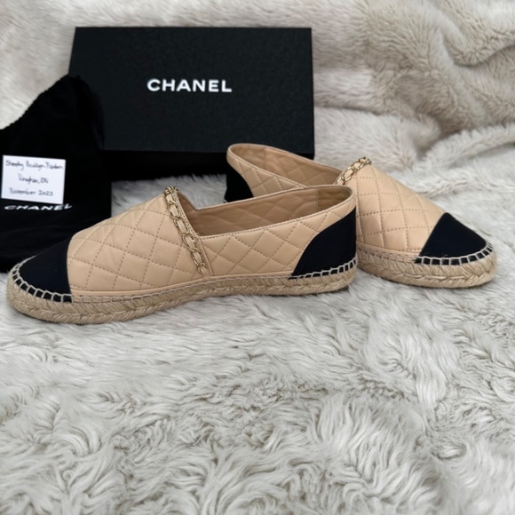 Chanel Beige & Black Chain Quilted Leather Espadrilles - Picture 10 of 14